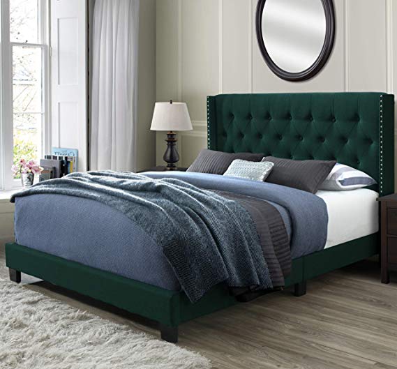 DG Casa 12850-Q-GRNV Bardy Diamond Tufted Upholstered Wingback Panel Bed Frame, Queen Size in Green Faux Velvet Fabric