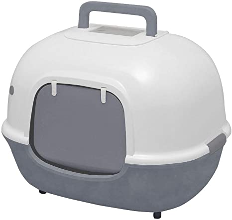 Iris Ohyama cat toilet with front opening and shovel - Hooded Cat Litter Box - WNT-510, plastic, gray, 51 x 40 x 39 cm