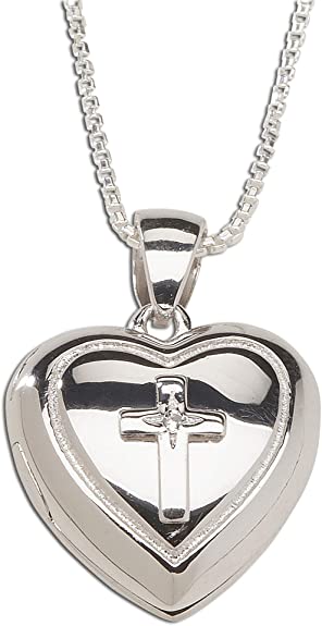 Sterling Silver First Communion Cross Heart Locket Necklace with White Sapphire Accent