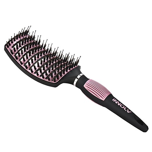 Detangling Brush, INNOLV Paddle Blowout Hair Brush with Boar Bristle,Curved Vent Shape,and Nano Thermic Ceramic Ion for Thick,Thin,Curly,Styling,Wave,Straightening,Rose Gold