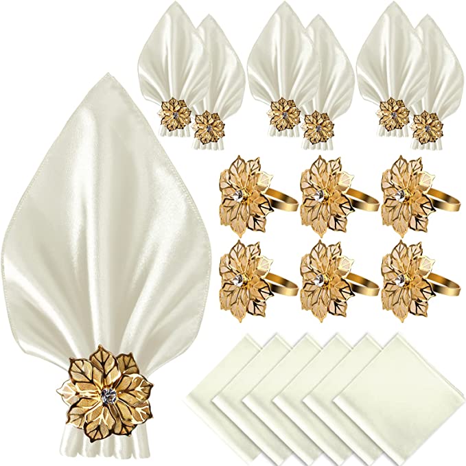VIJIV 12 Pack Cloth Napkins and Gold Napkin Rings Set of 6, 17x17 Square Satin Dinner Table Napkins Rings Flower Personalized Napkins Bridal Shower Napkins for Wedding Reception Party Decorative