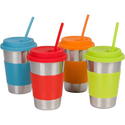 To-Go Stainless Steel Cups with Silicone Lids, Sleeves and Straws, 16 oz (1 Pint) Stainless Steel Tumblers by Steelware (Set of 4)