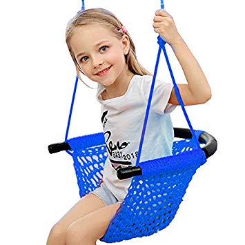Toddler Swing Seat with Adjustable Ropes, Hand-kitting Rope Swing Seat Great for Tree, Indoor, Playground, Background (Blue)