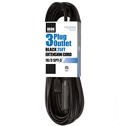 25 Ft Extension Cord with 3 Electrical Power Outlet - 16/3 Heavy Duty Black Cable