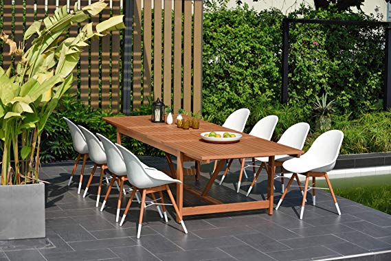 Brampton 9 Piece Outdoor Eucalyptus Extendable Dining Set | Perfect for Patio | with White Chairs, Dark