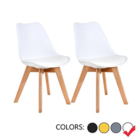 LSSBOUGHT Set of 2 Eames-Style Soft Padded Seat Dining Chairs with Solid Wooden Legs (White)