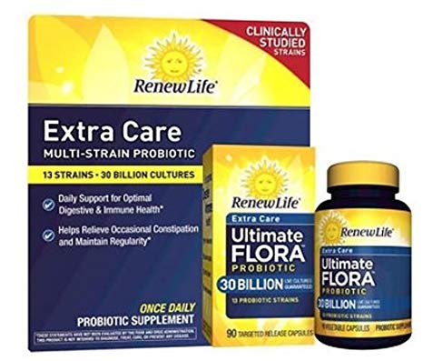 Renew Life Extra Care Multi-Strain Probiotic 13 Strains - 30 Billion Cultures (90 Capsules) Clinically Studied Strains (Gluten, Dairy and Soy Free) Optimal Digestive and Immune