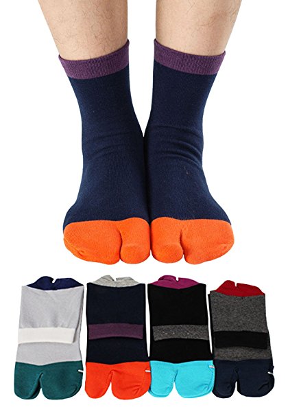 Men's Tabi Socks Flip Flop Sock Split Toe Cotton Wicking Crew Grip Athletic 4 Pack