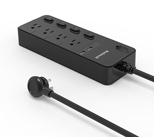 Nekteck Power Strip / Surge Protector Flat Wall Plug with 4 AC Outlets (Individually Controlled) 20W 2-Port USB Charger for iPhone, Samsung Galaxys, Nexus, Tablets, LG and More [5ft Cord, 4AC, 2 USB]