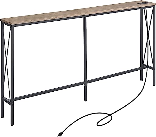 ELYKEN 7.9” Console Table with Power Outlet, 7.9"Dx63"Wx31.5"H Sofa Table for Living Room, Long Slim Entryway Table with 6.5’ Extension Cord, Rustic Brown Skinny Couch Table with Metal Frame for Foyer