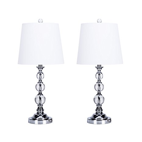 CO-Z Stacked Crystal Ball Contemporary Table Lamps, Set of 2, Chrome Finish, w/ White Fabric Rolled Edge Shade