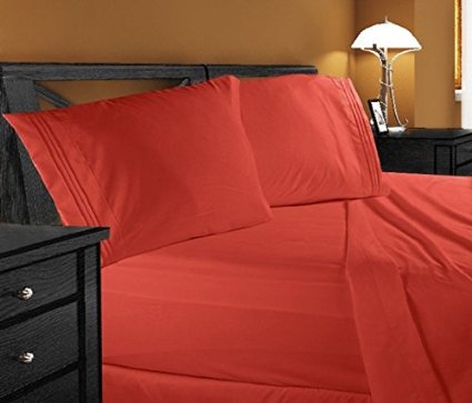 Clara Clark Premier 1800 Collection Deluxe Microfiber 3-Line Bed Sheet Set, Queen, Orange Rust