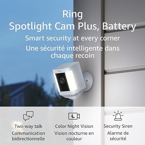 Ring Spotlight Cam Plus, Battery | Two-Way Talk, Colour Night Vision, and Security Siren (2022 release) - White