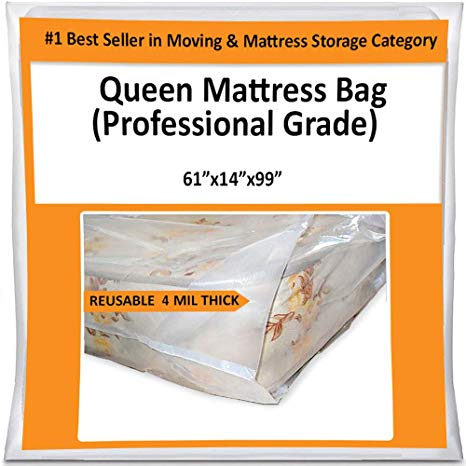 Queen Mattress Bag for Moving Storage Cover - 5 Mil Heavy Duty Thick Plastic Wrap Protector Reusable Bags Supplies