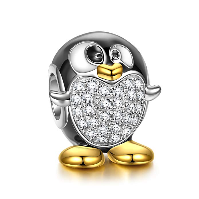 NINAQUEEN Women Bead Charms Animal Fever 925 Sterling Silver Penguin Gold Plated with 5A Cubic Zirconia, Christmas Gifts, Come with a Gift Packaging, Nickel-free, Passed SGS
