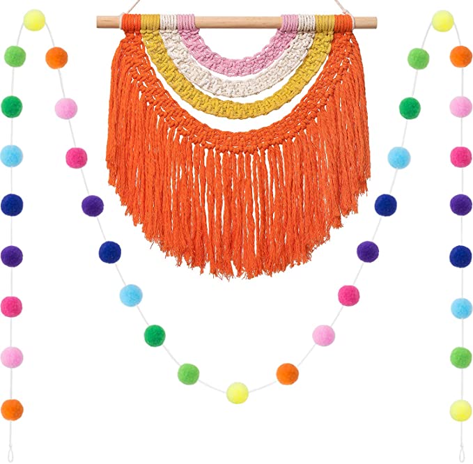 Mkono 2 Pack Tassel Garland Pom Pom Balls String Banner Macrame Wall Hanging Decorative Colorful for Boho Home Decor, Birthday Party Backdrop, Baby Shower, Nursey Dorm Room