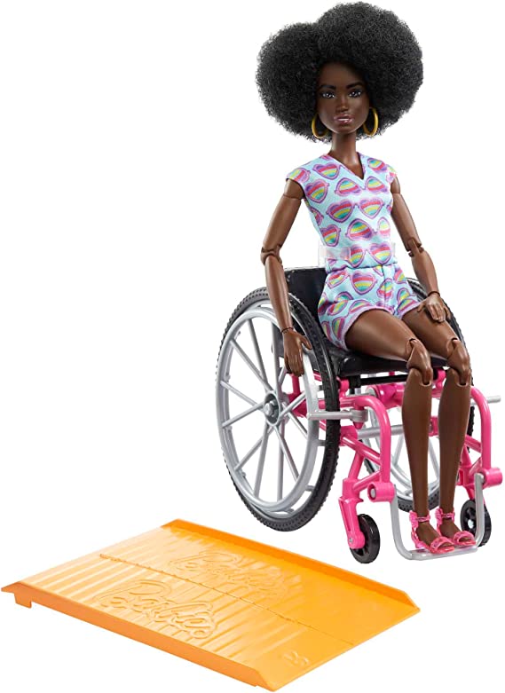 Barbie Fashionistas Doll #194 with Wheelchair and Ramp, Natural Black Hair and Rainbow Heart Romper with Accessories