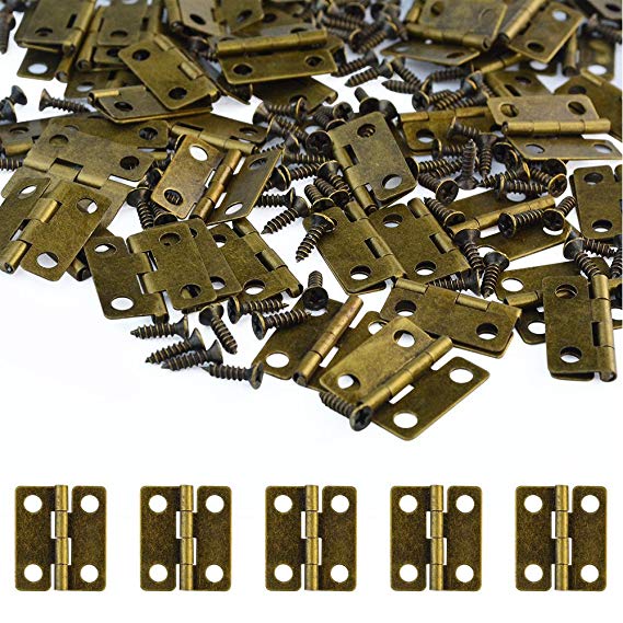 100 Pcs Small Box Hinges 18x16mm Antique Bronze Mini Hinges Retro Butt Hinges with 400Pcs Hinge Screws, Wobe Vintage Small Folding Butt Hinges for Ssmall DIY Projects Jewelry Box doll houses