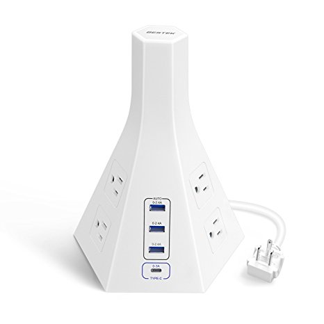 Tower Power Strip with USB by BESTEK – Vertical 6 Outlet 6 Foot Long Power Cord, 3 USB & 1 Type-C Charging Ports