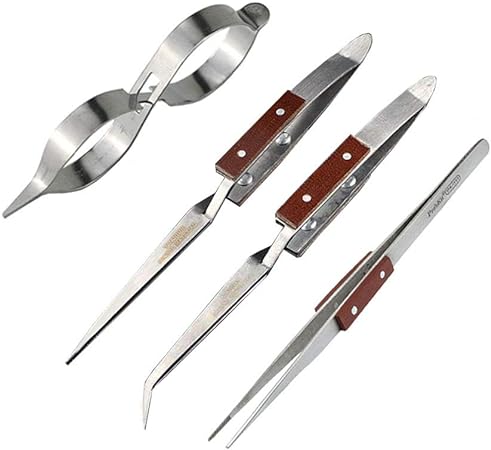 Acxico 1Set/4Pcs Fiber Grip Tweezers Cross Locking & Straight Soldering Tweezer