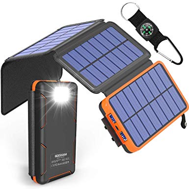 Solar Phone Charger, 25000mAh Portable External Battery Power Bank with 4 Foldable Solar Panels,Dual 5V/2.1A USB Output,Flashlights/Splashproof/Dustproof/Shockproof