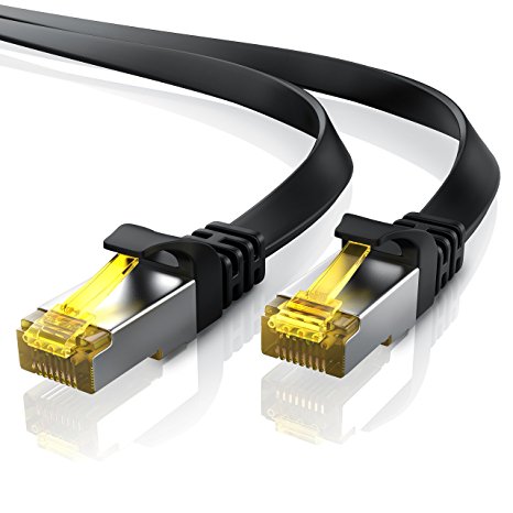 Primewire - 5.0m - CAT.7 Flat Ethernet Gigabit Lan network cable (RJ45) 10 / 100/ 1000 Mbit/s | Patchcable | U / FTP Shielding | compatible with CAT.5 / CAT.5e / CAT.6 | for Switch / Router/ Modem | black