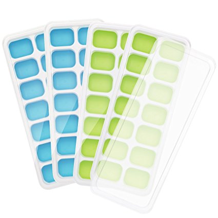 Ice Cube Trays with Lids,TOPELEK Easy Release Silicone Ice Cube Trays with Spill-Resistant Lids,14-Ice Trays Can Make 56 Ice Cubes,FDA Approved/BPA-free Ice Cube Tray Set for Freezing Baby Food,Cocktails,Whiskey-Dishwasher Safe,(Blue & Green)