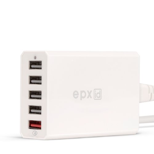 EPXID Quick Charge 2.0 40W Multi-Port USB Desktop Charging Station Dock with Smart IC Technology, 1 Port QC2.0   4 Port with Smart IC Technology, 5 Port Desktop Charger for SmartPhones (White)