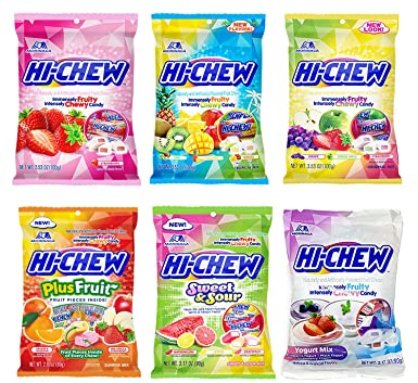 Hi Chew 6 Different Flavors Variety Pack (Tropical Mix, Sweet & Sours, Strawberry, Original Mix, Yogurt, and Plus Fruits) (Pack of 6)