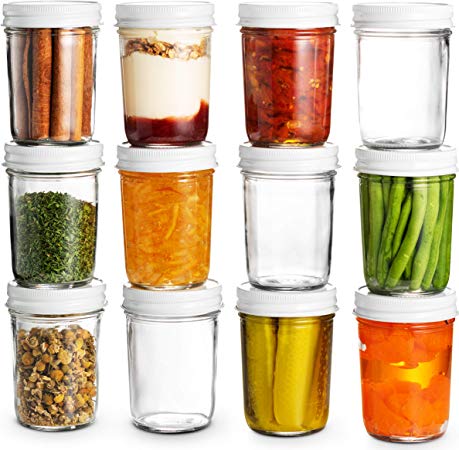 Glass Mason Jars Full Mouth - 8 Ounce - Glass Jars with Metal Airtight Lids Perfect Meal Prep, Food Storage, Canning, Drinking Jars, for Jelly, Jam, Dry Food, Spices, Herbs, Salads, Yogurt, (12 Pack)