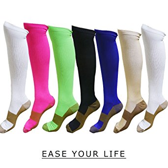 7 Pack Copper Knee High Compression Socks For Men & Women - Best For Running,Athletic,Medical,Pregnancy and Travel -15-20mmHg