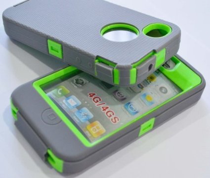 Iphone 4 4S Body Armor Defender - Comparable to Otterbox Defender  1pc 3ft data cableLight Grey on Green
