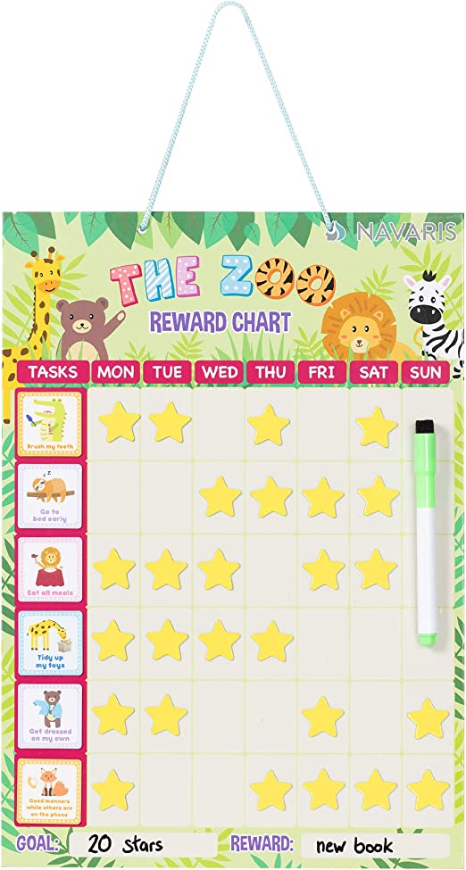 Navaris Kids Magnetic Reward Chart - Behavior Rewards Weekly Bedtime Chore Home Planner for Children - with Stars, Activity Magnets, Pen - Zoo Design