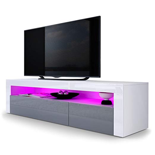 Vladon TV Stand Unit Valencia, Carcass in White matt/Front in Grey High Gloss a frame in White High Gloss