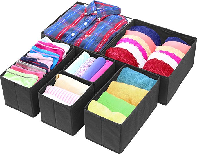 Simple Houseware Foldable Cloth Storage Box Closet Dresser Drawer Divider Organizer Basket Bins for Underwear Bras, Black (Set of 6)