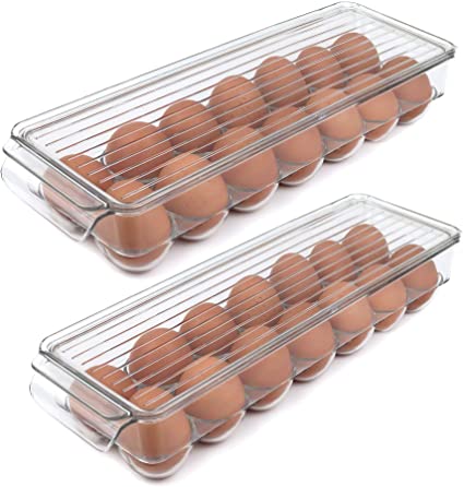 Greenco GRC4419 Stackable Refrigerator Storage Bin With Lid, Stores 14 Eggs, Clear-2 Pack, Medium