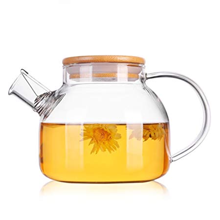 ONEISALL Glass Water Pitcher with Bamboo Lids, Glass Teapot with Stainless Strainer (1000ML/33oz)