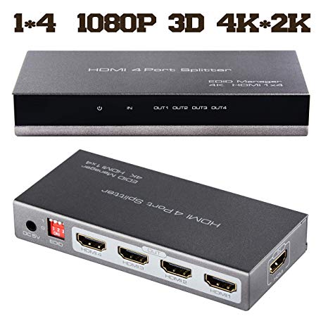 avedio links HDMI Splitter 1 in 4 Out, 1x4 Powered 1080P V1.4 Certified HDMI Splitter with Full Ultra HD 4K/2K and 3D 1080p Resolutions EDID Manager Support