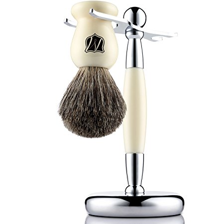 Miusco Pure Badger Hair Shaving Brush and Luxury Stand Shaving Set, Ivory