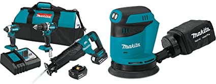 Makita XT328M 18V LXT Lithium-Ion Brushless Cordless 3 Pc. Combo Kit, XPH12Z, XDT13Z, XRJ05Z, bag (4.0Ah) with XOB01Z 18-Volt LXT Lithium-Ion Cordless 5 in. Random Orbit Sander