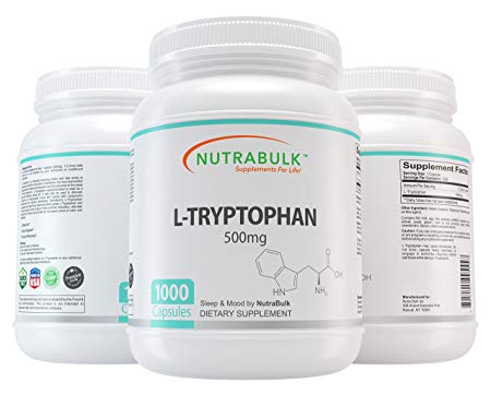 NutraBulk Premium L-Tryptophan 500mg Capsules - 1,000 Count.