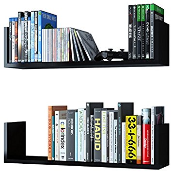 WALLNITURE U Shape Wall Mount Floating Wood Book Shelves Media Storage Black Set of 2