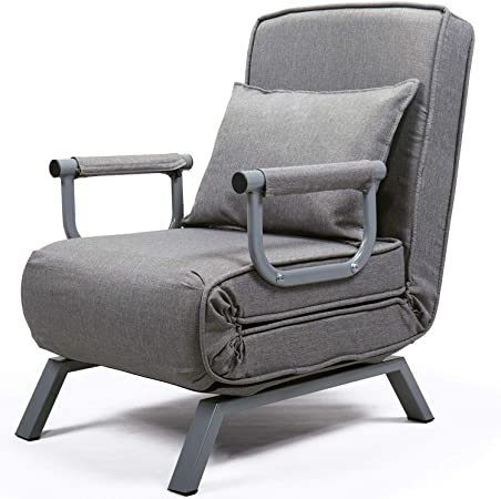 Convertible Sofa Chair Bed Sleeper, 5 Position Recliner Single Folding Arm Chair Sleeper with Pillow, Full Padded Lounger Couch Bed with Detachable Armrest Cover, Grey