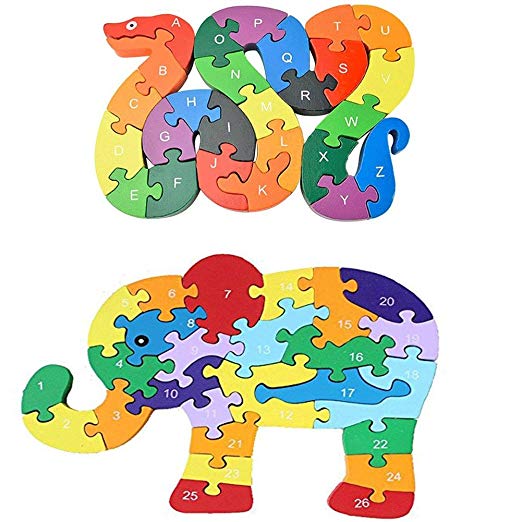 Johouse Blocks Jigsaw Puzzles, Wooden Alphabet Jigsaw Puzzle Wooden Building Blocks Animal Wooden Puzzle for Children’s Puzzles Toys - Snake & Elephant