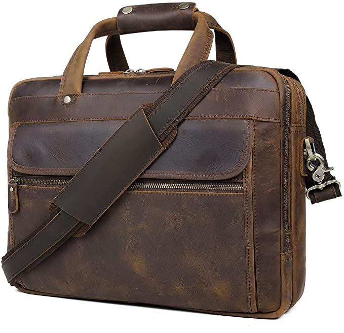 YOGCI Mens Leather Briefcase Messenger Laptop Bag for Business Travel, Fits 13 14 15 Inch Computer(Crazy-Horse Brown)