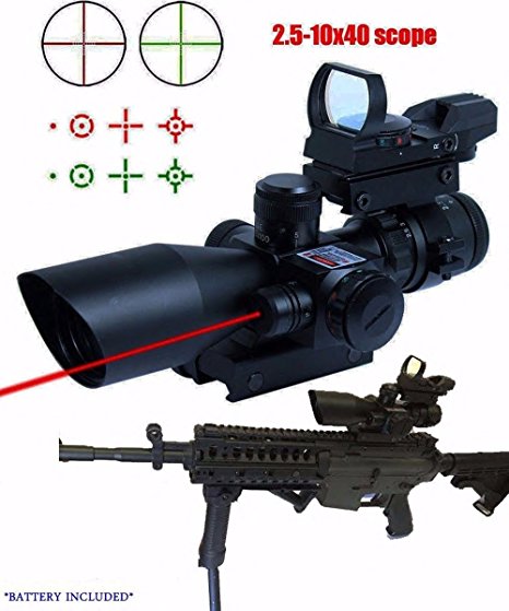 Tworld Rifle Scope 3 in 1 2.5-10x40 Tactical Red Laser Rail Mount Tactical 4 Reticle R&G Dot Open Reflex Sight w/ Weaver-picatinny Rail Mount for 11 Mm Rails scope Barrel Mount