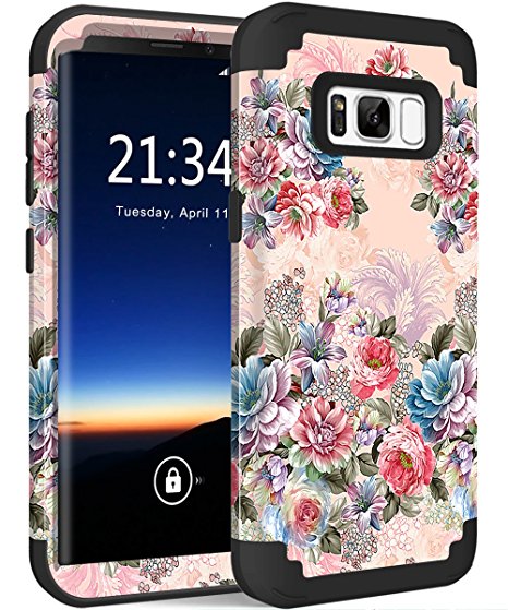 Galaxy S8 Case, Hocase Drop Protection Shock Absorbing Silicone Rubber Bumper Hard Shell Hybrid Dual Layer Full-Body Protective Case for Samsung Galaxy S8 (5.8") 2017 - Peony Floral Print / Black