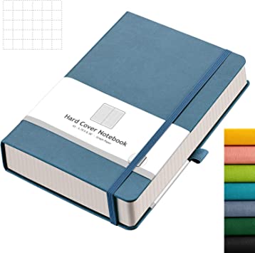 AHGXG Graph Paper Notebook - 320 Pages Grid Notebook Thick Journal A5, 100gsm Thick Graph Paper, Leather Hardcover, Inner Pocket,5.75'' × 8.38''- GrayBlue