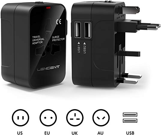 Universal Travel Adapter, LENCENT Power Adapter with UK/USA/EU/AUS Worldwide Travel Plug, 2 USB Charging Ports International Wall Adapter for iPhone, iPad, Android Phones, Tablets and More