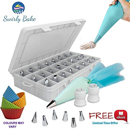 CAKE DECORATING 50 PIECE SET: 30 Stainless Steel Piping / Icing Nozzles Tips with Storage Case, 2 Reusable Piping Bags, 2 Couplers, 10 Disposable Piping Bags and 4 Silicone Cupcake Moulds || An EXCLUSIVE e-Book Included || The Ultimate Cake Decorating Bundle - Perfect for Cakes, Cupcakes, Baking Cookies and Pastries